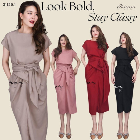 Women Classy Waist Tie Mid Length Back Slit Dresses